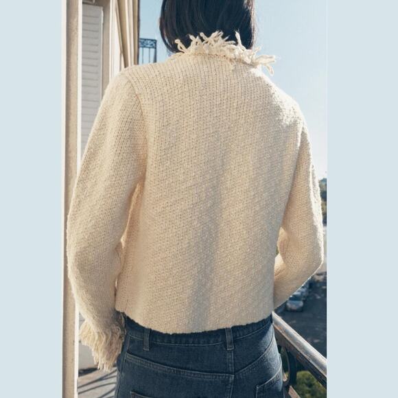 ZARA Wool-Blend Fringe Knit Cardigan NWT – Ecru Textured Jacket, Size XL - Picture 11 of 16